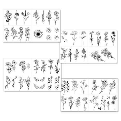 One Grace Mini Black Flower Temporary Tattoos - Realistic Long Lasting Waterproof Tiny Tattoos - Cute Floral Bouquet Wild Plants Small Tattoos for Women and Men