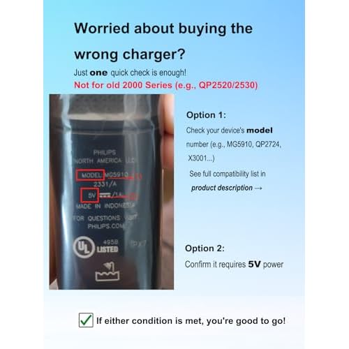5V UL Charger for Philips Norelco OneBlade MG9525 MG9520 MG5910 QP1424 QP1624 MG5950 MG5940 MG5930 MG5920 BT3238 BT3234 PQ888 PQ889 QP1324 QP2724 X3001 QP2834, 360 Hybrid Face Shaver Cord