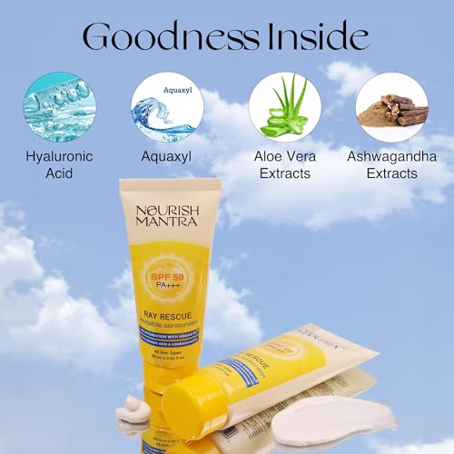 NOURISH MANTRA Ray Rescue Sunscreen/Sunscreen SPF 50/ With Hyaluronic Acid, Aquaxyl, Aloe Vera Extracts & Ashwagandha Extracts/No White Cast, (60 ml (Pack of 1))