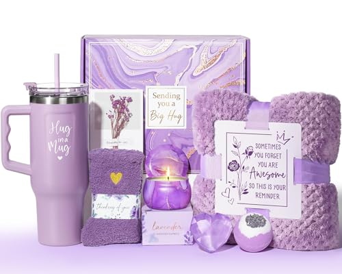 Lavender Spa Gift Basket for Women with 40oz Tumbler & Blanket
