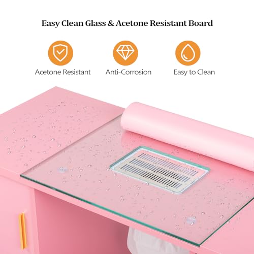 OmySalon Manicure Table with Glass Top & Dust Collector, Pink