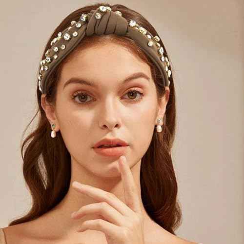 AMCAMI Brown Knotted Headband Rhinestone Jeweled Sparkly Headband for Women Girls Teacher Knot Beaded Crystal Headband Thick Dressy Headbands Hair Accessories for Women Girls