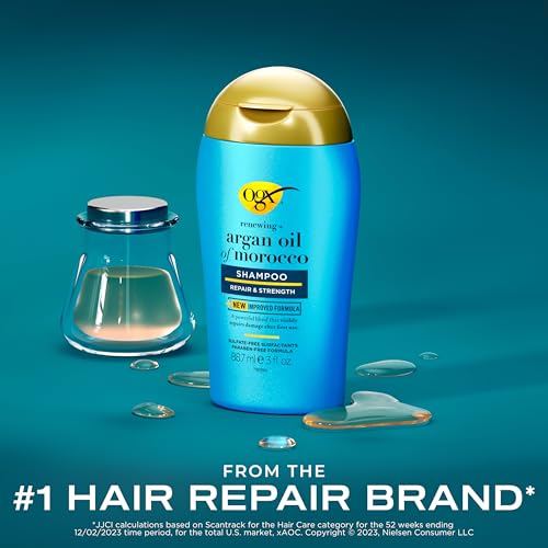 OGX Renewing + Argan Oil of Morocco Shampoo, Damage Repairing Shampoo & Argan Oil to Cleanse & Help Strengthen & Repair Damaged Hair, Travel Size, TSA-Complaint, 3 fl. oz