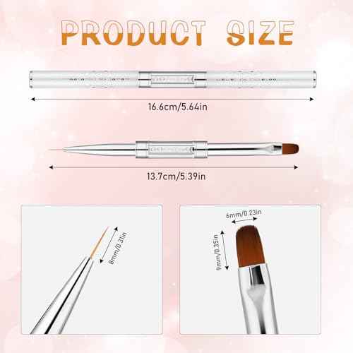 2Pcs Double Ended Nail Art Brushes Hard Gel Nail Brush Builder Gel Brush Oval Gel Nail Brushes Nail Liner Brush Rhinestone Handle French Tip Nail Gel Liner Brush Nail Drawing Brushes for Design Nail