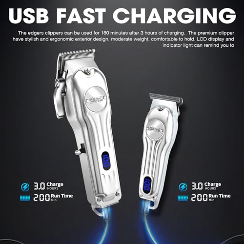 DSP Professional Hair Clipper for Men, Clipper and Trimmer Set - Electric Clipper for Hair Cutting, Cordless Barber Clipper Set with LED Display for Men Gift (Silver)