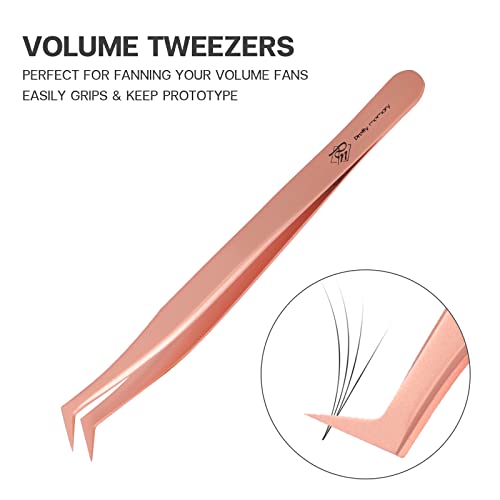 Pretty memory Volume Lash Tweezers,Stainless Steel Eyelash Extension Tweezers, Professional Precision Mega Curved Angled Tweezer, Rose Gold