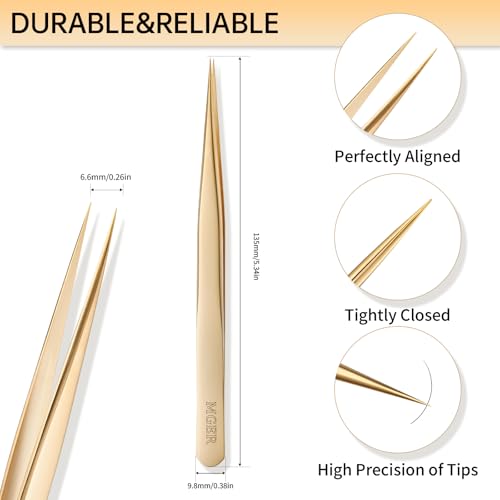 MGER Isolation Tweezers for Eyelash Extensions - Straight & Pointed Isolation Tweezers for Individual Lashes, Effortless Application with Precision Tweezers, Gold