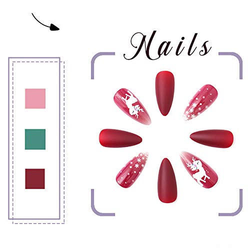 Gangel Red Matte False Nails Xmas Fake Nail Full Cover Christmas Long Fake Nails Snow Deer Acrylic Press on Nails Daily Wear Gifts for Women and Girls 24Pcs (RED1)