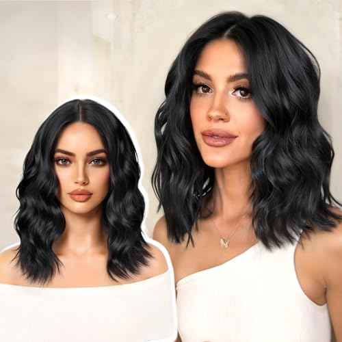 14 Inch Short Wavy Wigs for Women Natural Curly Bob Style 6x4 Glueless Synthetic Lace Front Wig Pre Plucked Pre Cut Hairline Daily Party Use£¨Black£©