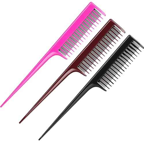 Leinuosen 3 Pcs Triple Teasing Comb for Women Plastic Rat Tail Comb Heat Resistant Pintail Tease Layer Tool for Thick Fine Hair Styling Backcombing Volume Structure(Black, Pink and Brown)