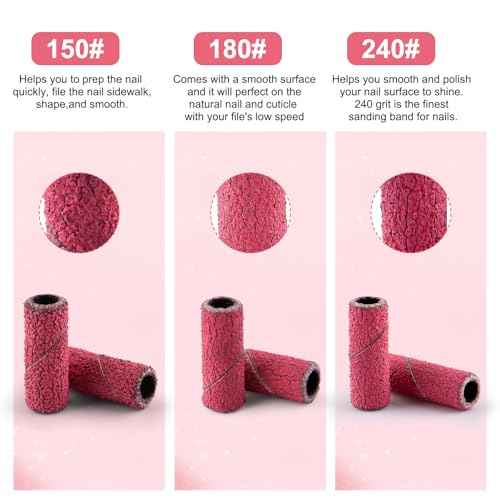 200 Pcs Nail Drill Bits Small Sanding Bands with 3.1mm Mandrel Bit, Mini Sanding Bands Nail File for Acrylic Gel Manicures and Pedicure (Rose Red, 180 Grit)