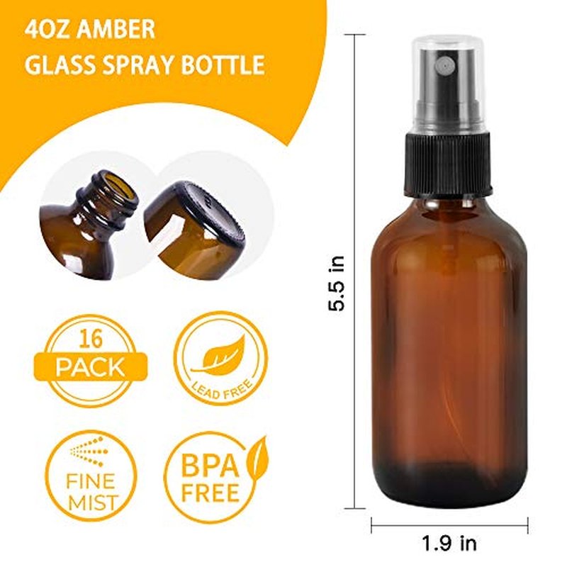 16-Pack 4oz Amber Glass Spray Bottles with Fine Mist Sprayer