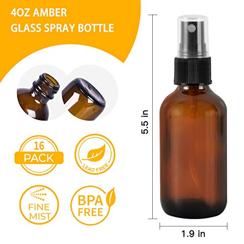 STARSIDE Amber Glass Spray Bottles 16-Pack 4oz with Fine Mist Sprayers & Dust Caps