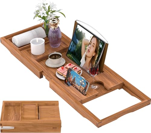 Teak Bathtub Caddy Tray - Expandable Wood Bath Organizer