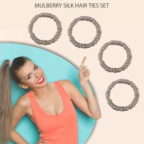22 Momme 100% Pure Mulberry Silk Scrunchies (4 PCS) - Small Hair Elastics and Ties for Women, Sleep Hair Care, No Damage, Apricot