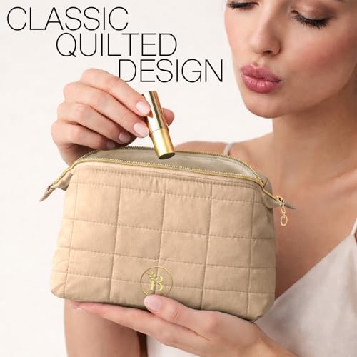 BLOOMORA Quilted Camel Makeup Bag with Wide-Open Top