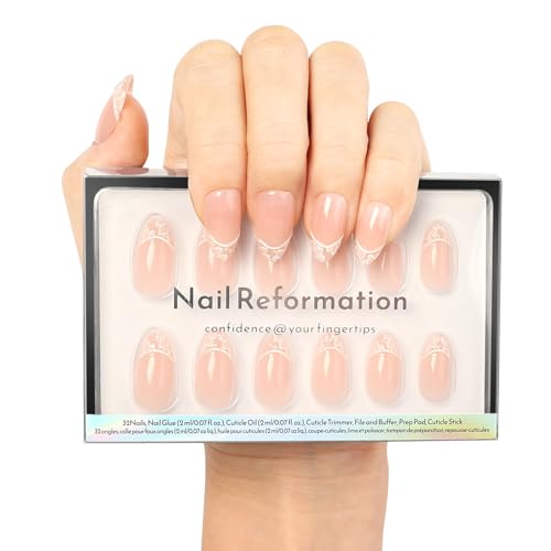 Petal Lace Press On Nails - Short Almond French Tip, 32 Pc