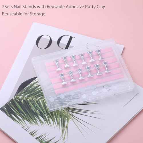 Etercycle Nail Stand Press On Nail Stand Nail Holder for Painting Nails Magnetic Nail Tips Practice Stands with 80Pcs Reusable Putty (Silver)