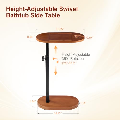 Bamboo Bathtub Caddy Tray, 360° Swivel Height Adjustable Bath Organizer