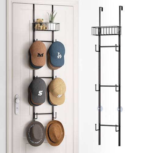 Over Door Hat Rack with 6 Hooks & Basket - Holds 32+ Caps