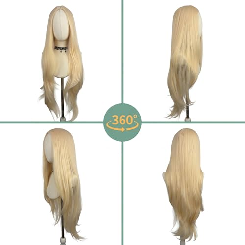 Long Wavy Blonde Wigs for Women - Natural 30 Inch Curly Middle Part Synthetic Hair for Daily & Party Wear