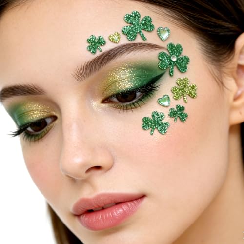 St. Patrick's Day Glitter Face Stickers - Green Shamrock Gems