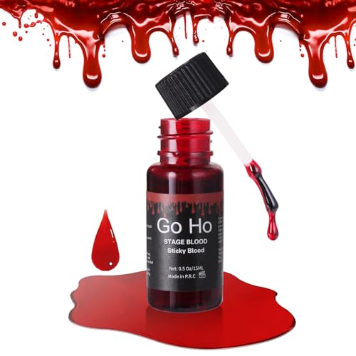 Go Ho Halloween Fake Blood Washable(0.5 oz),Edible Fake Blood Realistic Effect Dripping Sticky Stage Blood for Eyes DripsTeeth Mouth Nose Bleeds,Cosplay SFX Zombie Vampire Blood Makeup,Bright