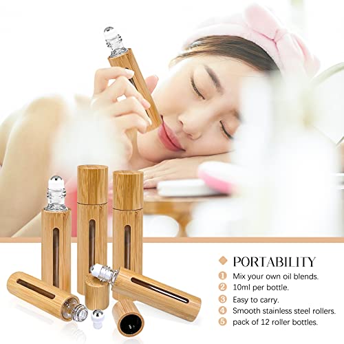 12-Pack 10ml Essential Oil Roller Bottles with Bamboo Shell