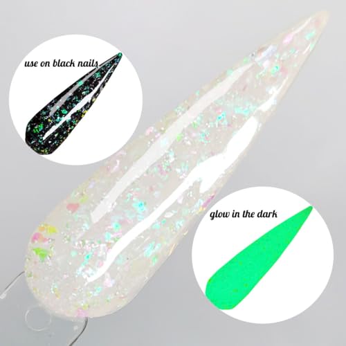 OUMISAYA Glow in the dark Holographic Nail Clear Dip Powder Colors 1OZ Pefect Top Coat Powder with opal foils for black nails art