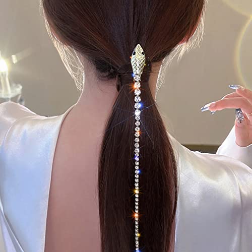 Rhinestone Hair Chains, Shiny Punk Tassel Hair Clips, Snake Shape Sparkle Crystal Adornments Decorative Chain Ponytail Headpieces Nightclub Prom Christmas Party Hair Accessories for Women Lady（2Pack)