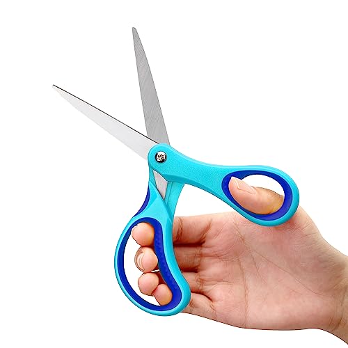 LIVINGO Student Scissors for School: 7 Inch 3 Pack Sharp Pointed Tip Teacher Scissors for Kids Middle High School College Classroom Craft, Comfortable Grip, Right Left Handed, Blue, Green, Yellow