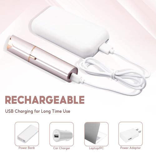 Painless Facial Hair Remover for Women - Rechargeable, Rose Gold, Portable with 2 Replacement Heads
