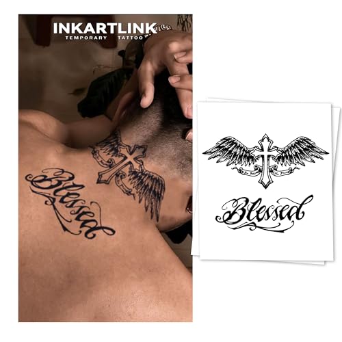INKARTLINK Temporary Tattoo, Winged Cross Blessed Design, 2 Sheets, Waterproof, 1-2 Week