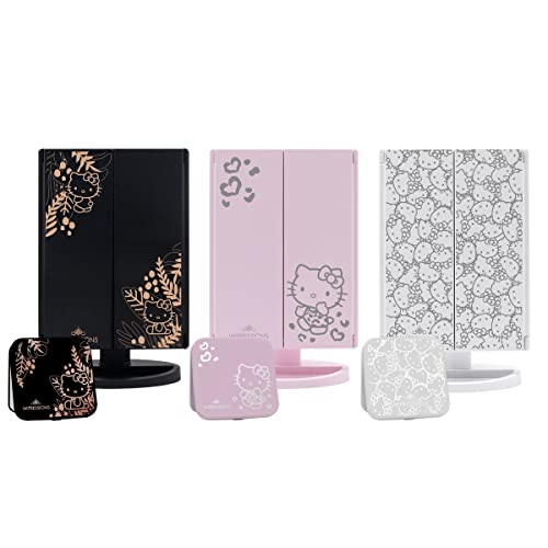 Impressions Vanity Hello Kitty Lighted Makeup Mirrors Bundle, Supercute Trifold and Compact Mirror with LED Lights, Magnification, Touch Screen, Travel Accessories Portable Hand Mirror (White)