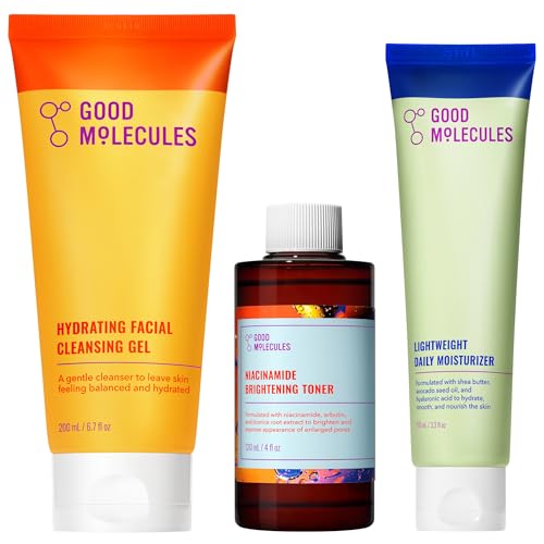 Good Molecules Cleanse, Tone & Moisturize Skincare Set ? Hydrating Facial Cleansing Gel (200ml), Niacinamide Brightening Toner (120ml) & Lightweight Daily Moisturizer (100ml)