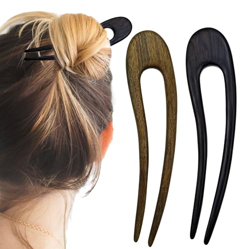 2 PACK Wooden Hair Forks, U Shaped Hair Pins for Buns, French Vintage Matte Hairpins, Valentines Christmas Wedding Prom Decorative accessories for Women Girls Long Thick Hair Updo (Style 1)