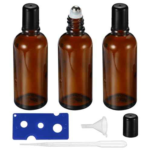 100ML Roller Bottles for Essential Oil, 3 Pack Empty Amber Glass Roller Bottle for Perfume Oil, Roll on Bottles with Stainless Steel Roller Balls, Opener, Funnel and Dropper