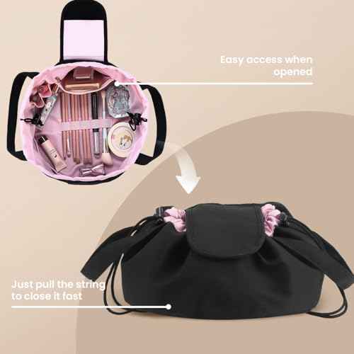 Lay Flat Drawstring Makeup Bag,Travel Cosmetic Organizer for Women,Large Capacity Toiletry Bag,Portable Open-Flat Design for Skincare and Makeup Brushes (Pink)