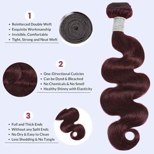 99j Dark Burgundy Body Wave Bundles Human Hair 22 Inch, 12A Soft And Shiny Red Wine Colored Bundles 100% Brazilian Virgin Remy Hair Sew In Weave Single Human Hair Bundle Chic #99j Color