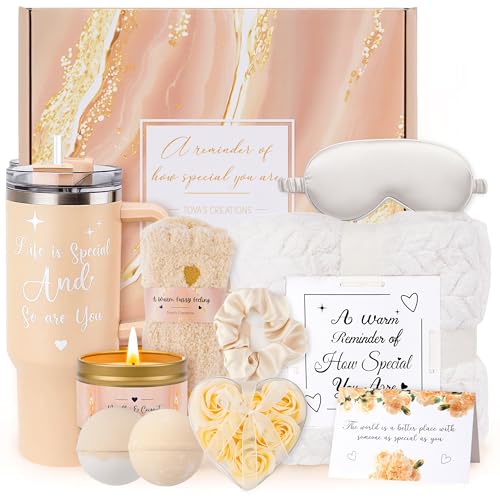 Vanilla Coconut Spa Gift Basket for Women - Tova's Creations, 13-Piece with Tumbler & Blanket - Tan / Vanilla Coconut