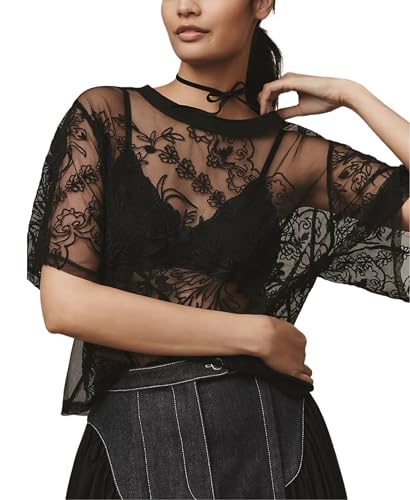 Sexy Lace Mesh Blouse with Embroidered Short Sleeves