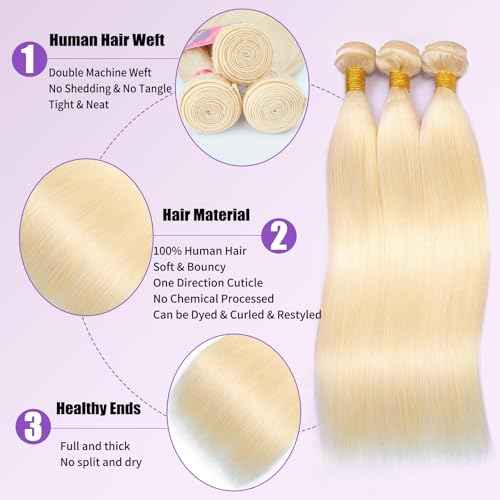 12A Grade 613 Bundles Human Hair Straight Blonde Bundles Human Hair 100% Unprocessed Brazilian Virgin Raw Hair Quick Weave for women 3 Bundle Deals Hair Extensions 22 24 26 Inch