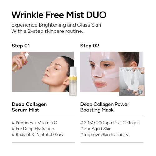 Wrinkle Free Mist DUO: Deep Collagen Power Boosting Mask Sheets (4ea) & Deep Collagen Barrier Serum Mist, Hydrating Gift Set for Women & Moms, Korean Skincare