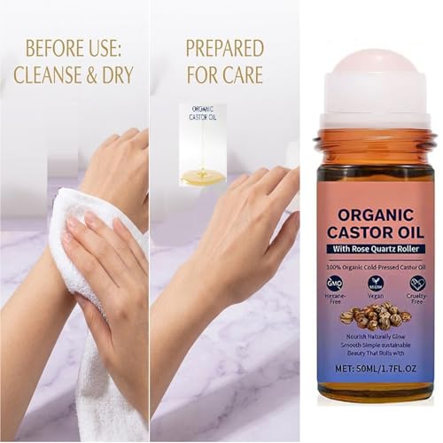 Organic Castor Oil Roll-On with Rose Quartz Roller, 1.7 Fl Oz