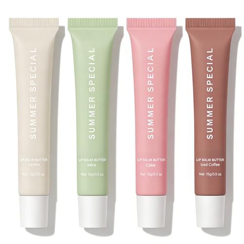 4 PCS Summer Special Lip Butter Balm, Hydrating, Nourishing Lip Care with Shea Butter & Olive Oil, Sheer Tinted Shine, Instant Moisture & Soothing Dry Lips (Vanilla/Mint/Coffee/Cake)