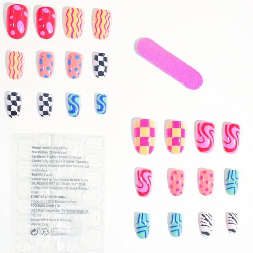 Short Almond Press-On Nails Set - 24pcs Colorful Acrylic with Geometric Design
