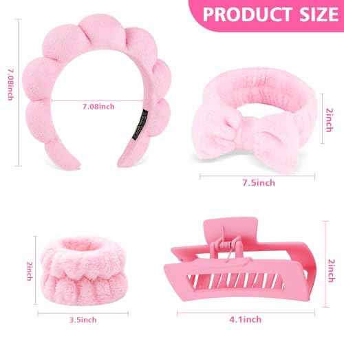 Zkptops 5Pcs Spa Headband for Washing Face Wristband Set Sponge Makeup Skincare Terry Cloth Bubble Soft Hairband Claw Clips for Thick Hair Puffy Padded Headwear Non Slip Hairs Accessory (Pink)
