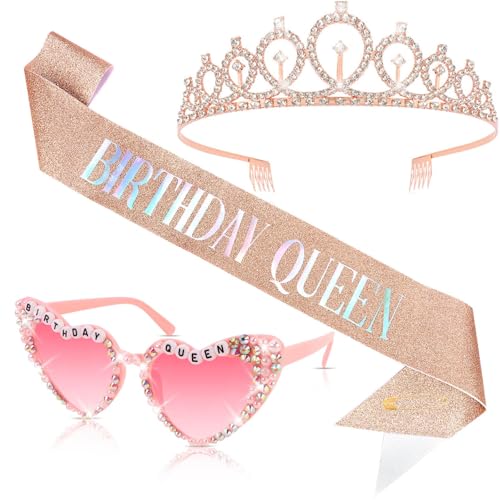 Birthday Queen Sash, Crown & Glasses Set - Rose Gold Party Decor