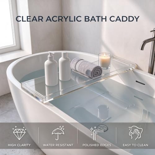 CXNGD Bathtub Tray Table, Clear Acrylic 32.3 x 7.9 x 1.2in, Anti-Slip Bath Caddy for 2