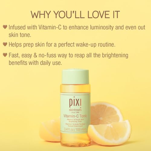 Pixi Vitamin-C Tonic,Brightening & Soothing Facial Toner, Boost Skin Luminosity, Infused with Vitamin-C & Ferulic Acid, Alcohol Free Daily Toner, 100ml / 3.4fl oz Travel Size Skin Care